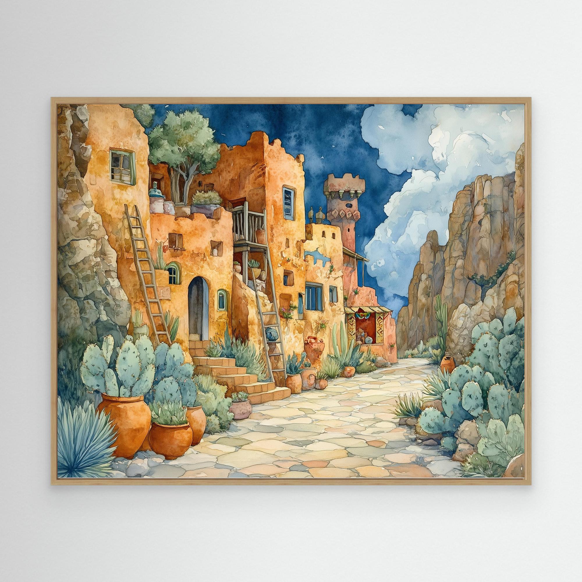 Desert Village Watercolour Canvas Print for Hallway - Framed Pop Art