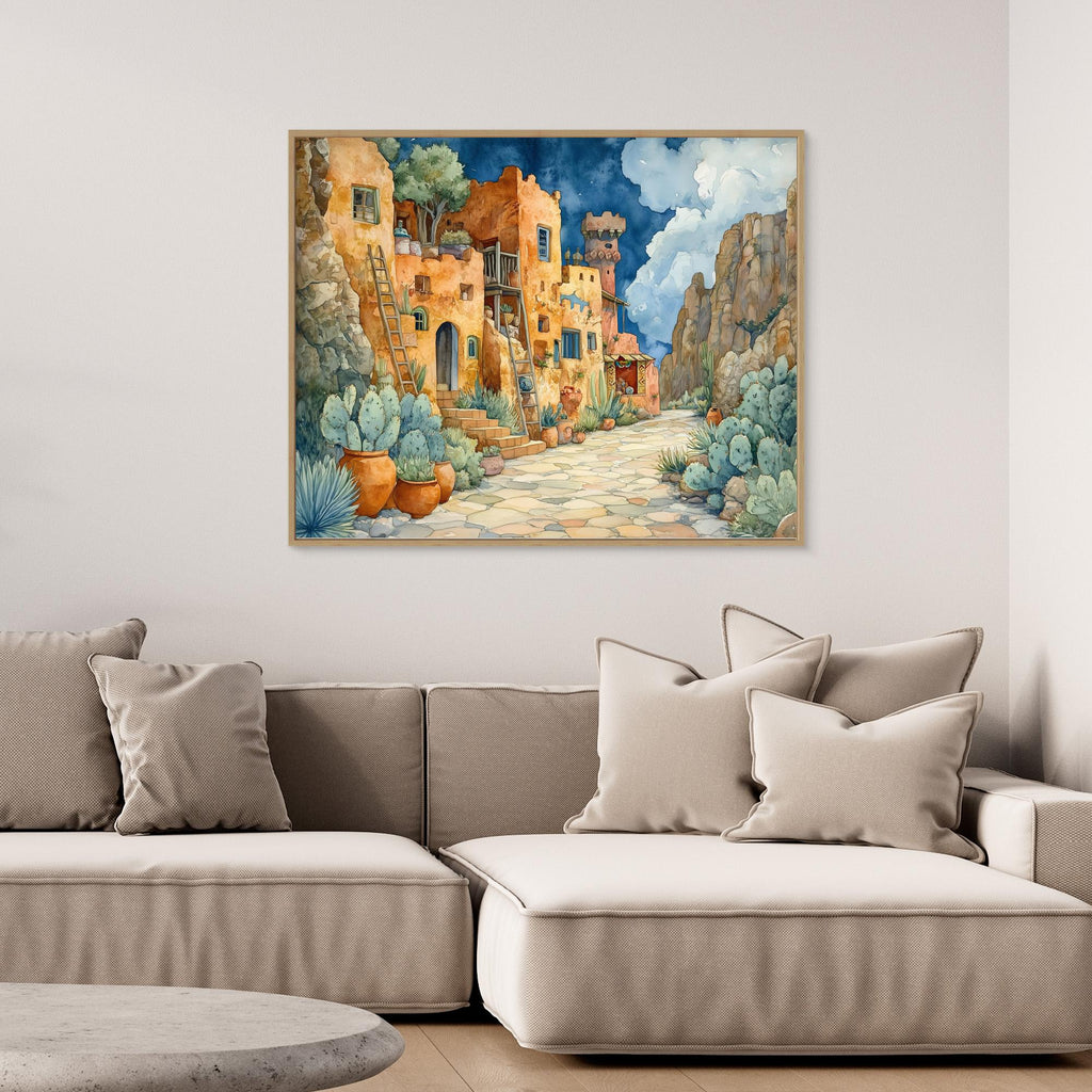 Desert Village Watercolour Canvas Print for Hallway - Framed Pop Art