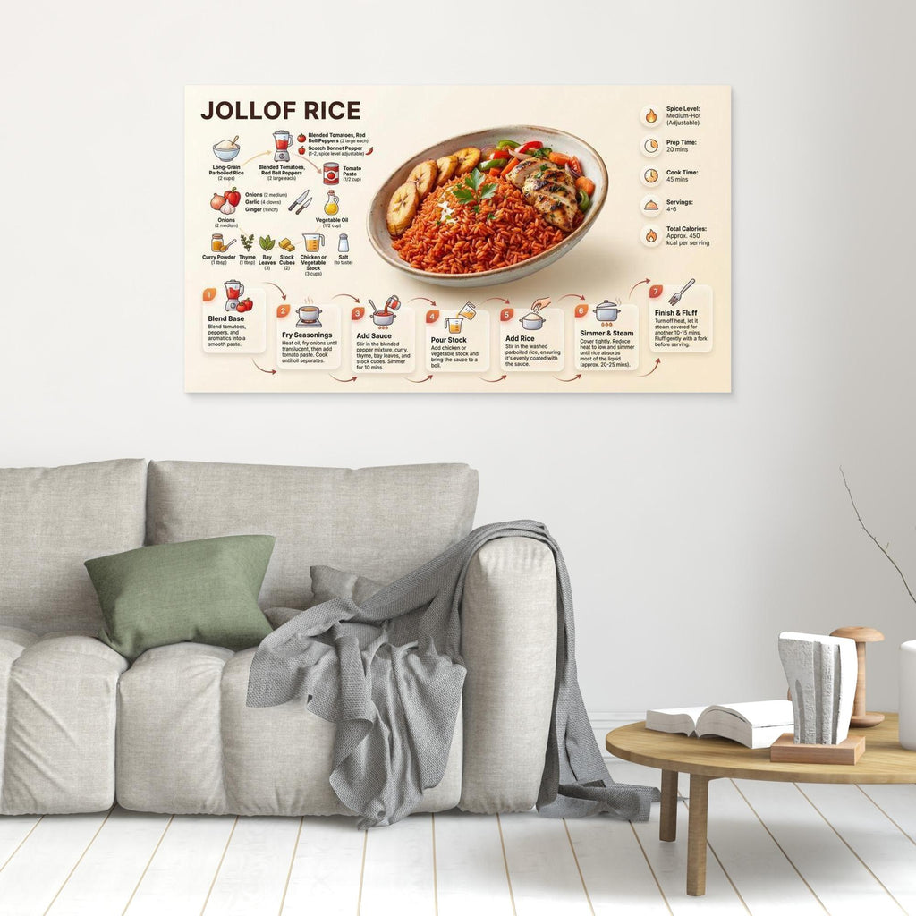 Jollof Rice Recipe Print – Modern Kitchen Wall Art - Framed Pop Art