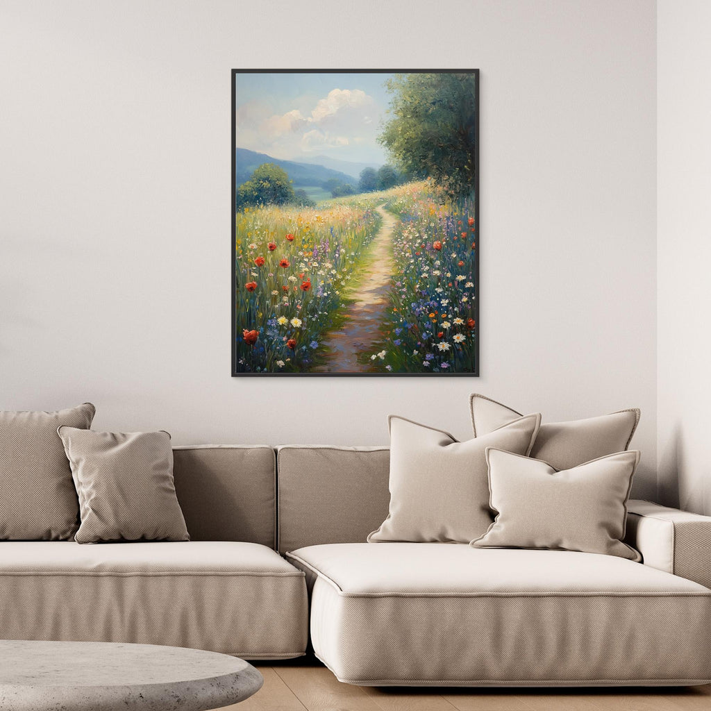 Wildflower Meadow Pathway Canvas Wall Art | Countryside Decor - Framed Pop Art