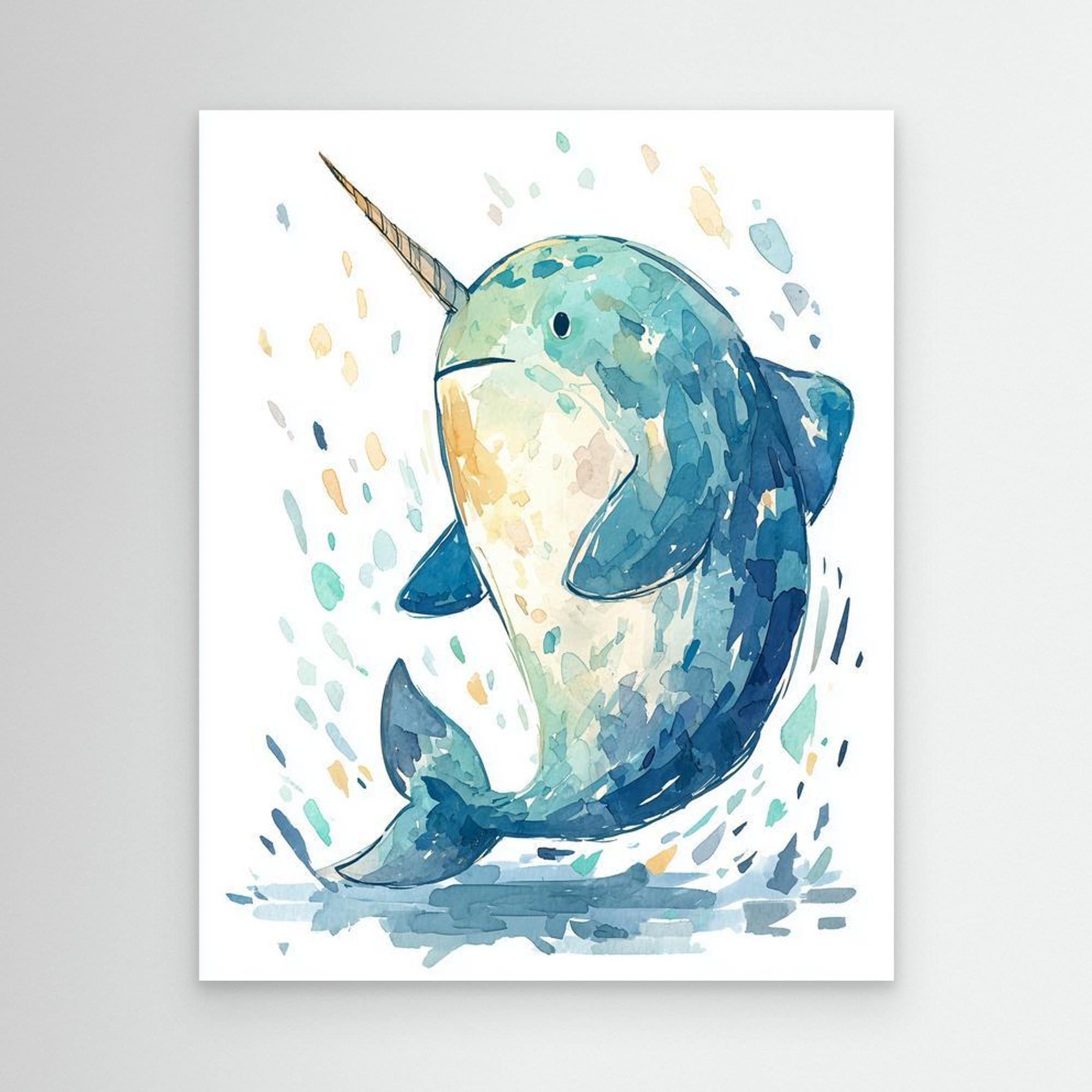 Whimsical Watercolor Narwhal Wall Art | Cute Nursery Print - Framed Pop Art
