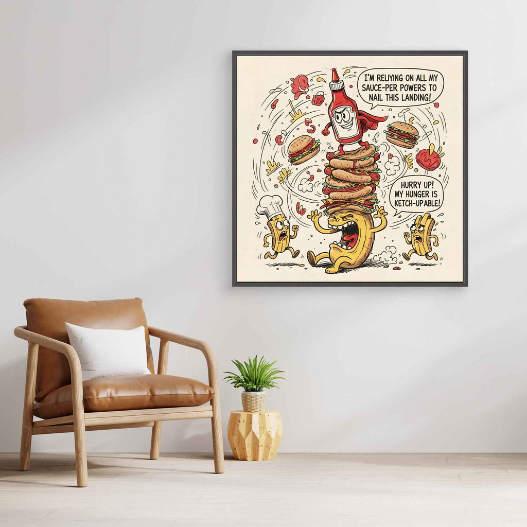 Funny Ketchup Burger Canvas Wall Art - Framed Pop Art
