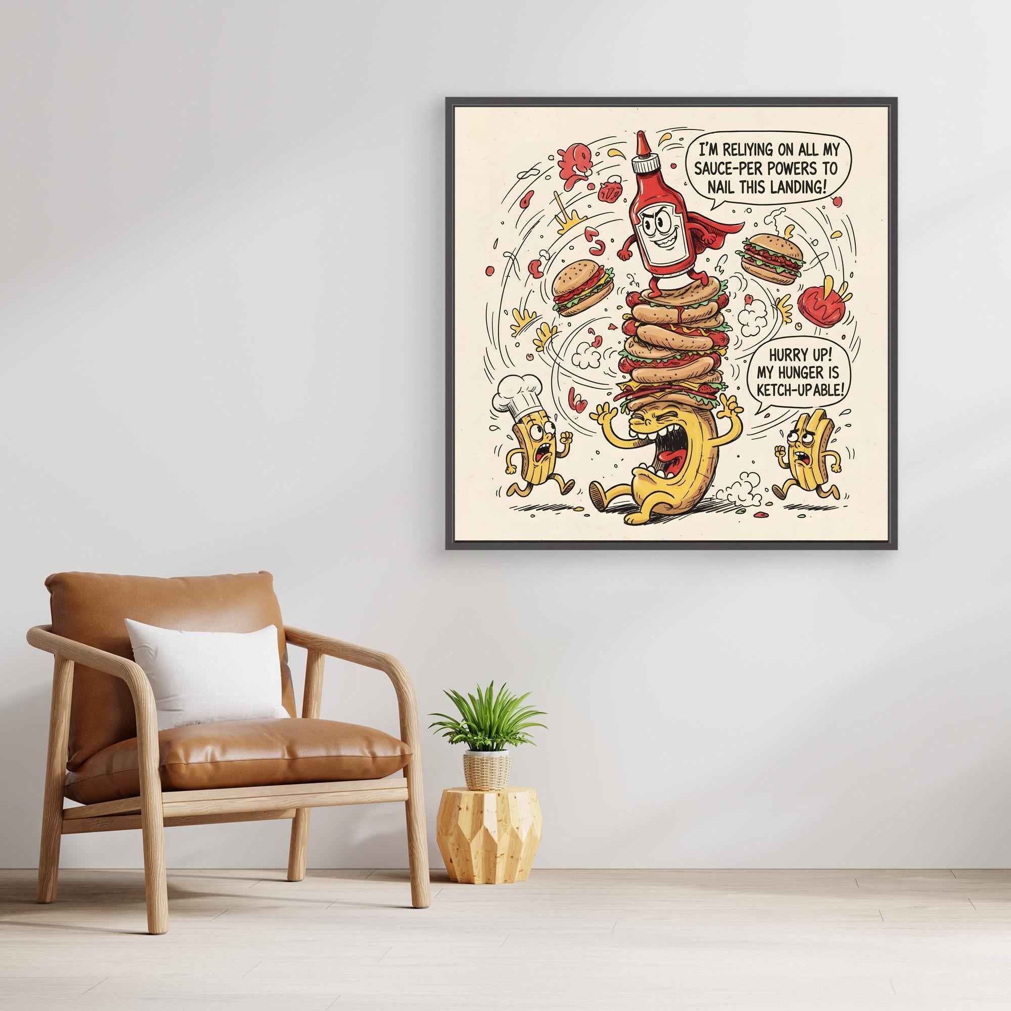 Funny Ketchup Burger Canvas Wall Art - Framed Pop Art