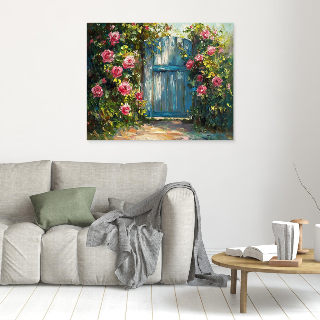 Hallway Wall Art – Blue Garden Gate & Pink Roses Canvas - Framed Pop Art