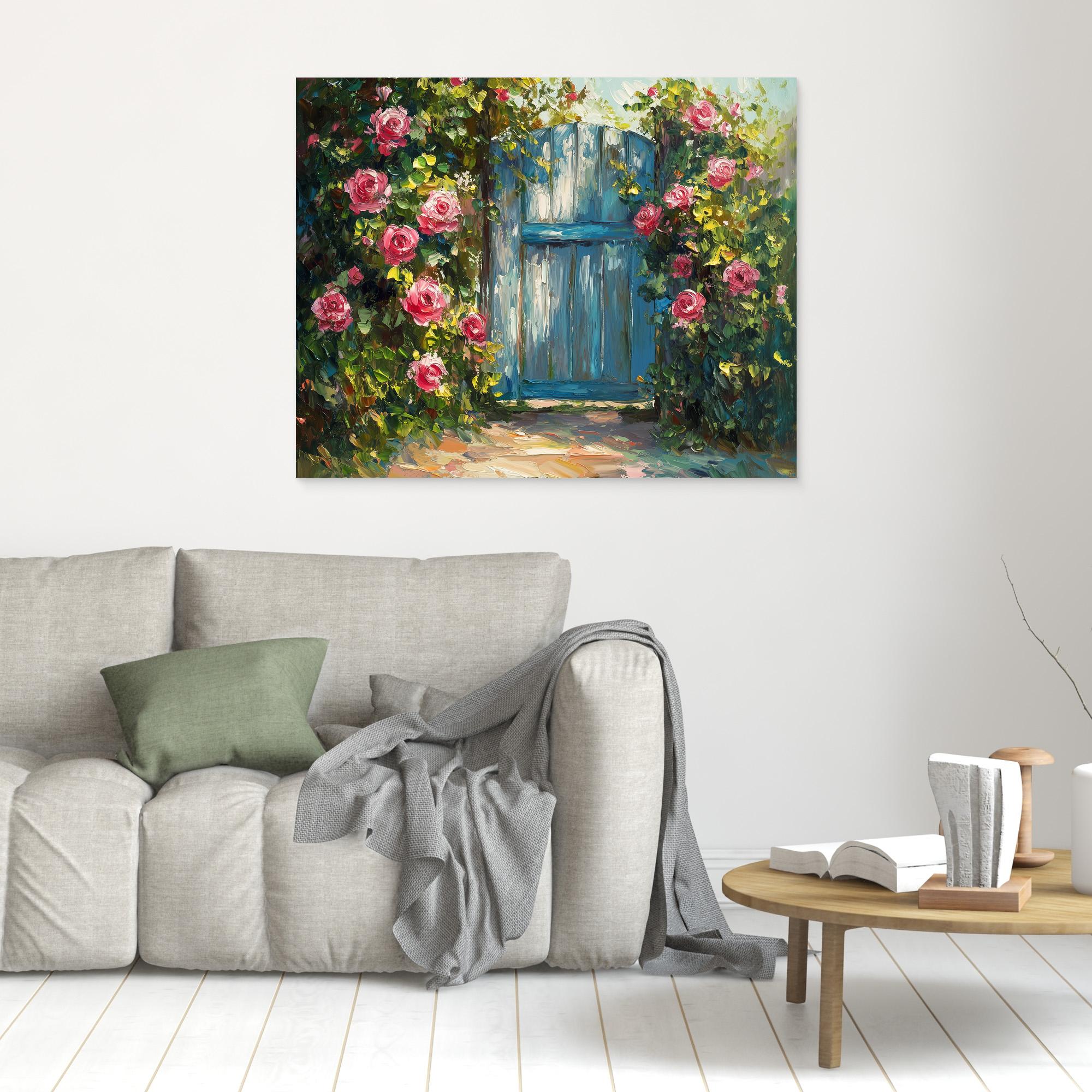 Hallway Wall Art – Blue Garden Gate & Pink Roses Canvas - Framed Pop Art