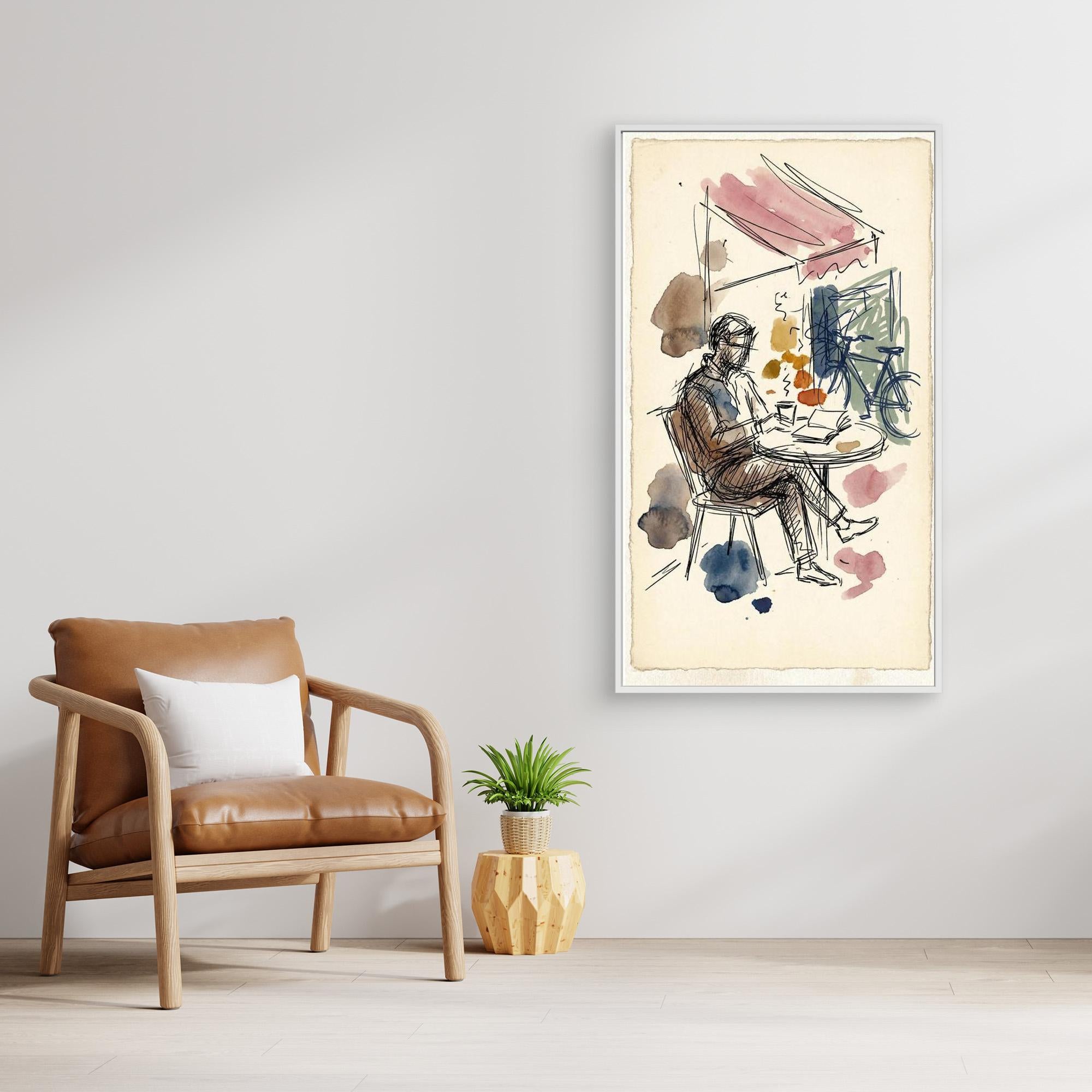 Man in Cafe Sketch Wall Art | Framed Canvas Print - Framed Pop Art