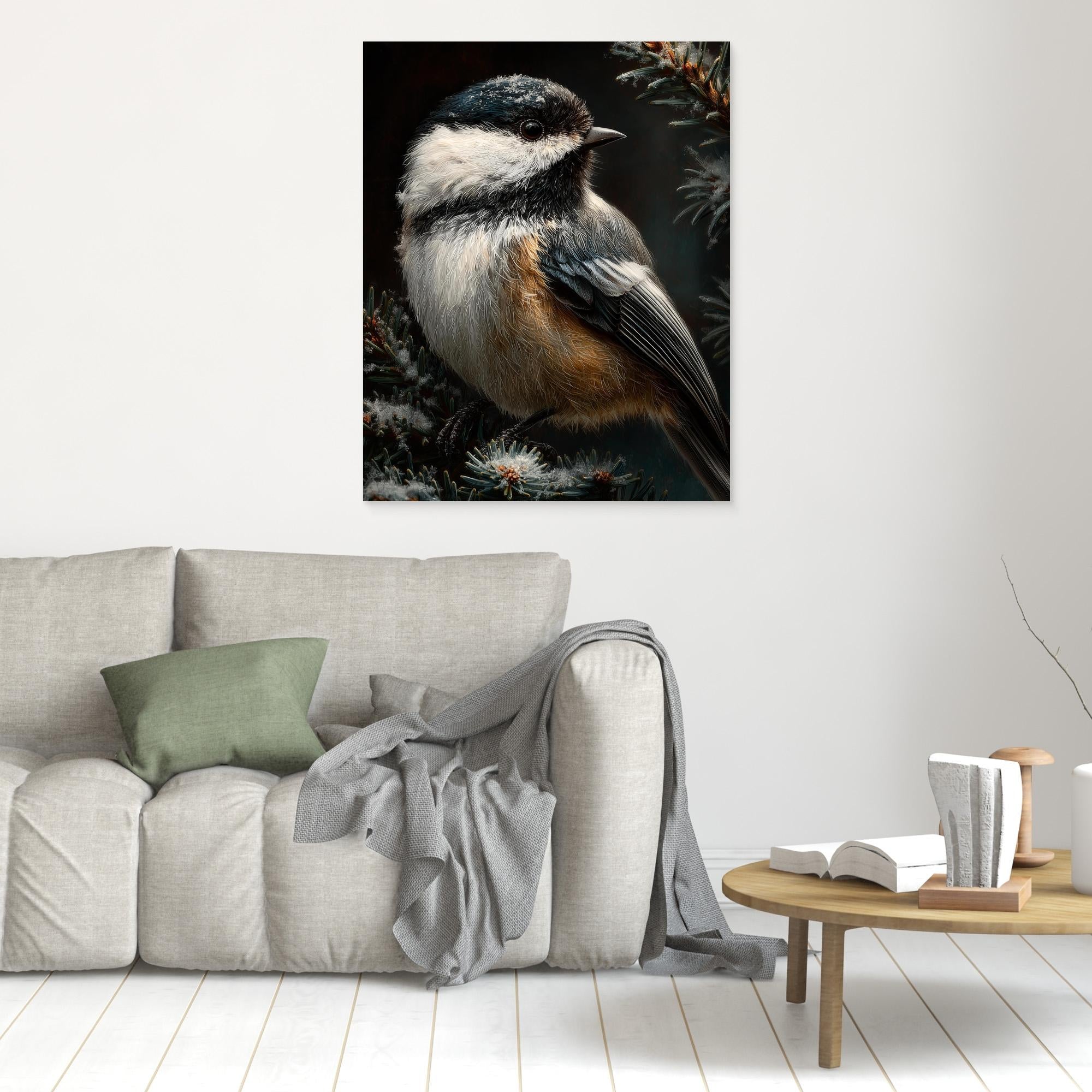 Hallway Bird Wall Art – Winter Chickadee Canvas Print - Framed Pop Art