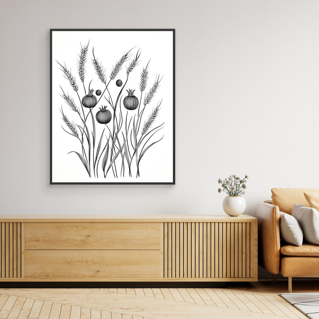 Minimalist Botanical Wheat & Poppy Pod Art Print (UK) - Framed Pop Art