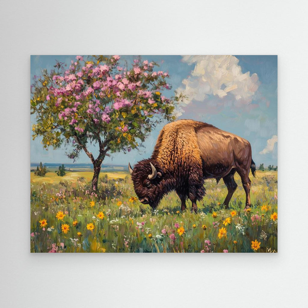 Bison in Spring Bloom Canvas Wall Art | Framed Animal Print - Framed Pop Art