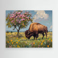 Bison in Spring Bloom Canvas Wall Art | Framed Animal Print - Framed Pop Art