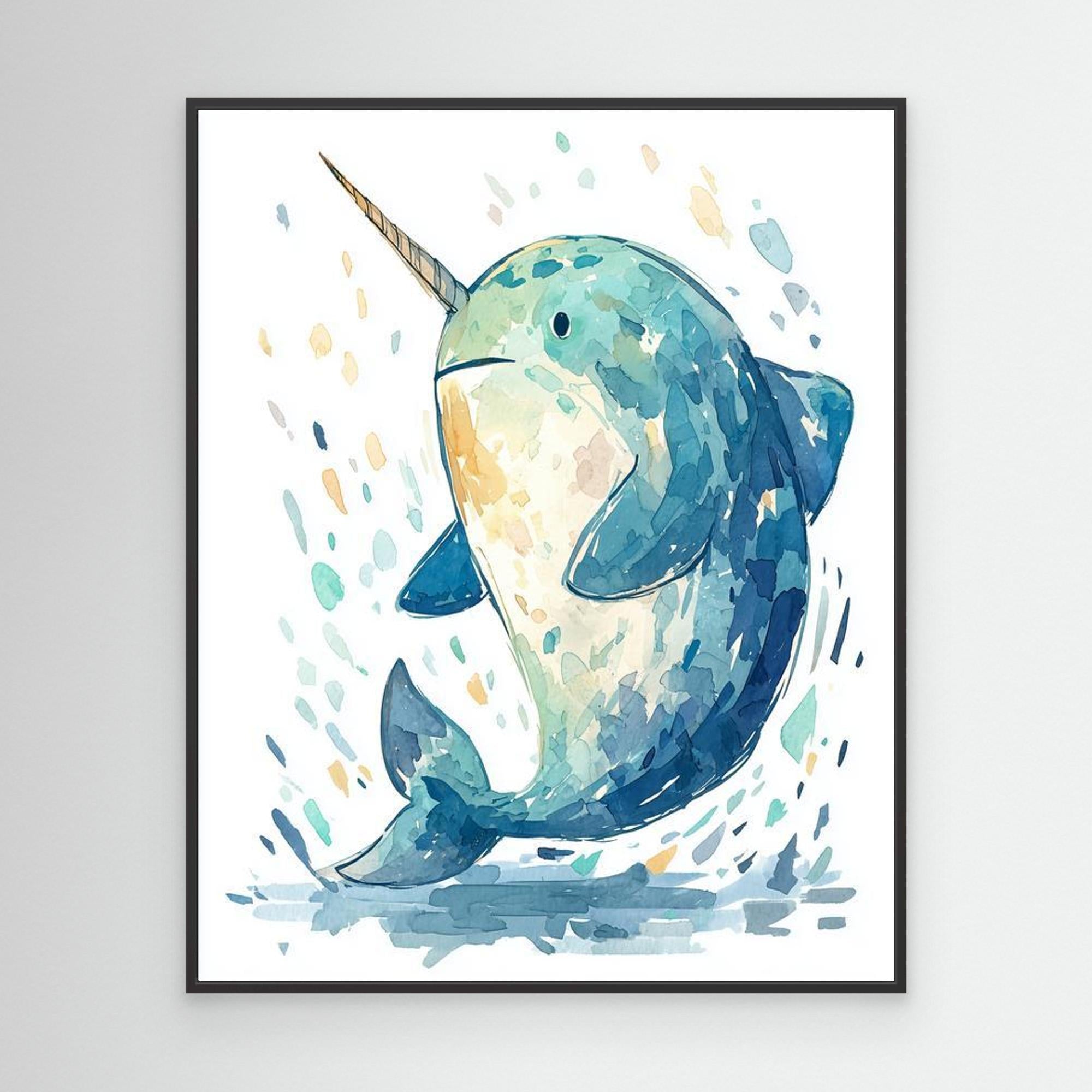 Whimsical Watercolor Narwhal Wall Art | Cute Nursery Print - Framed Pop Art