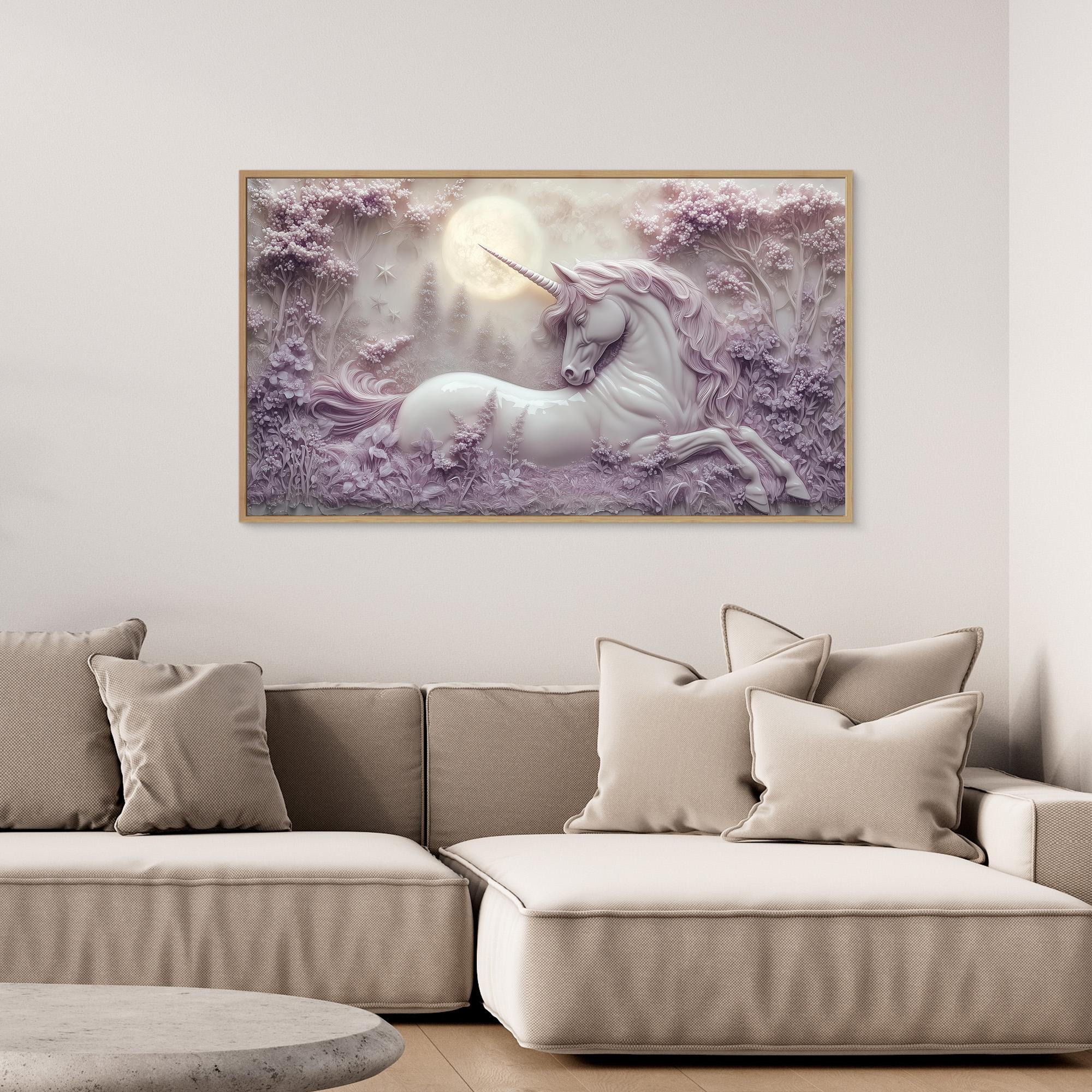 Enchanted Unicorn Moonlit Forest Canvas Wall Art - Framed Pop Art