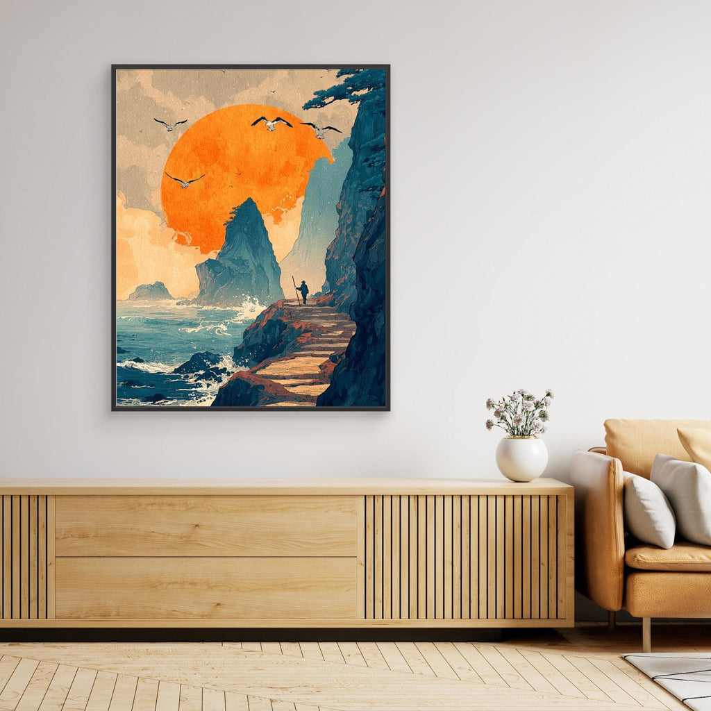 Dramatic Sunset Clifftop Seascape Framed Canvas Art - Framed Pop Art