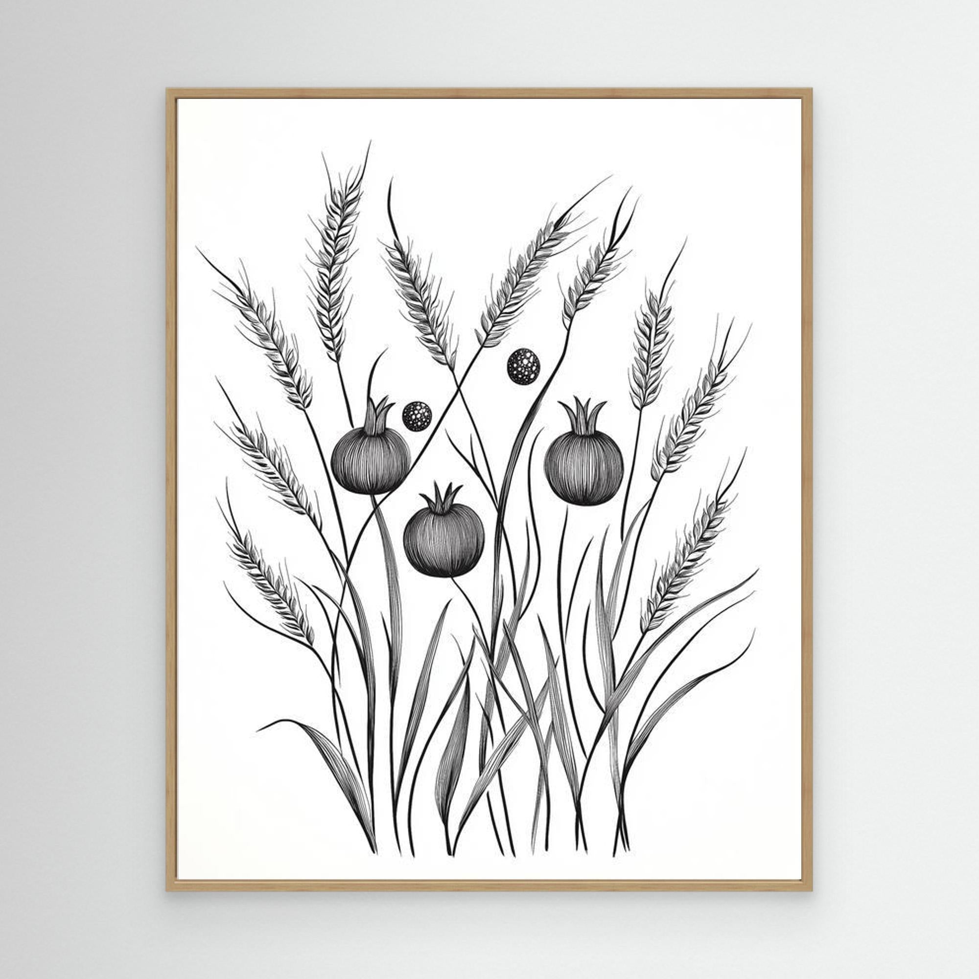 Minimalist Botanical Wheat & Poppy Pod Art Print (UK)