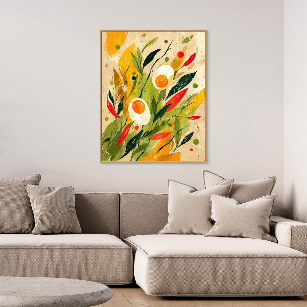 Vibrant Abstract Eggs & Chillies Kitchen Canvas - Framed Pop Art