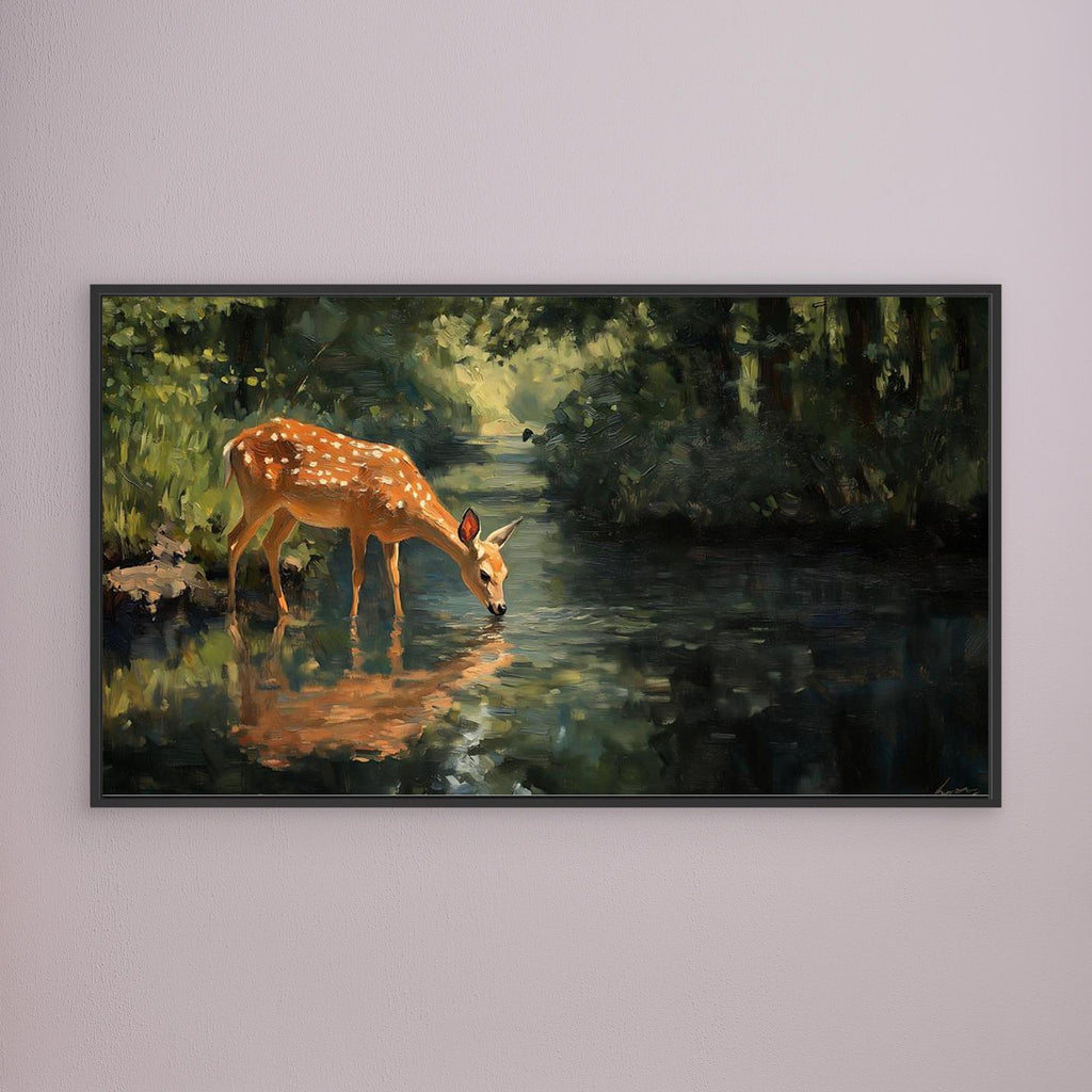 Tranquil Deer in Forest Stream Canvas Wall Art - Framed Pop Art