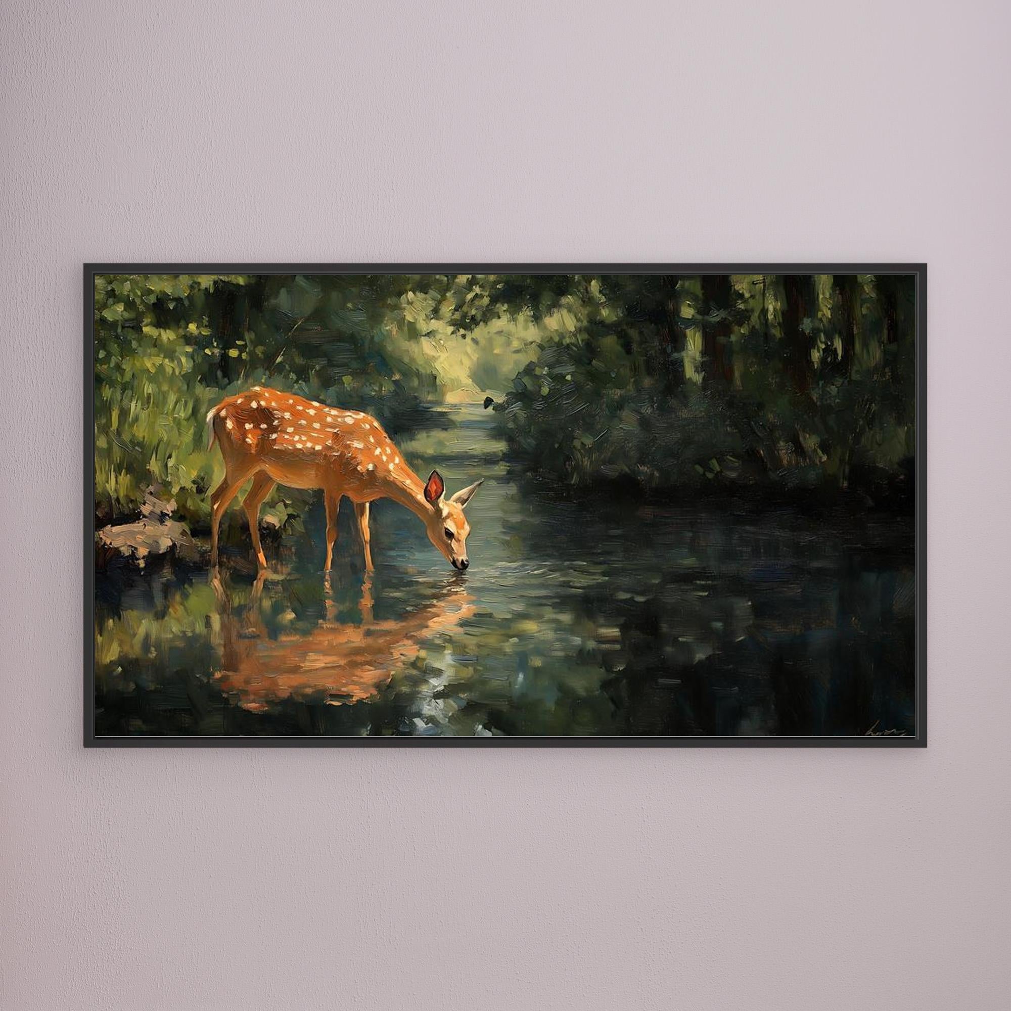 Tranquil Deer in Forest Stream Canvas Wall Art - Framed Pop Art