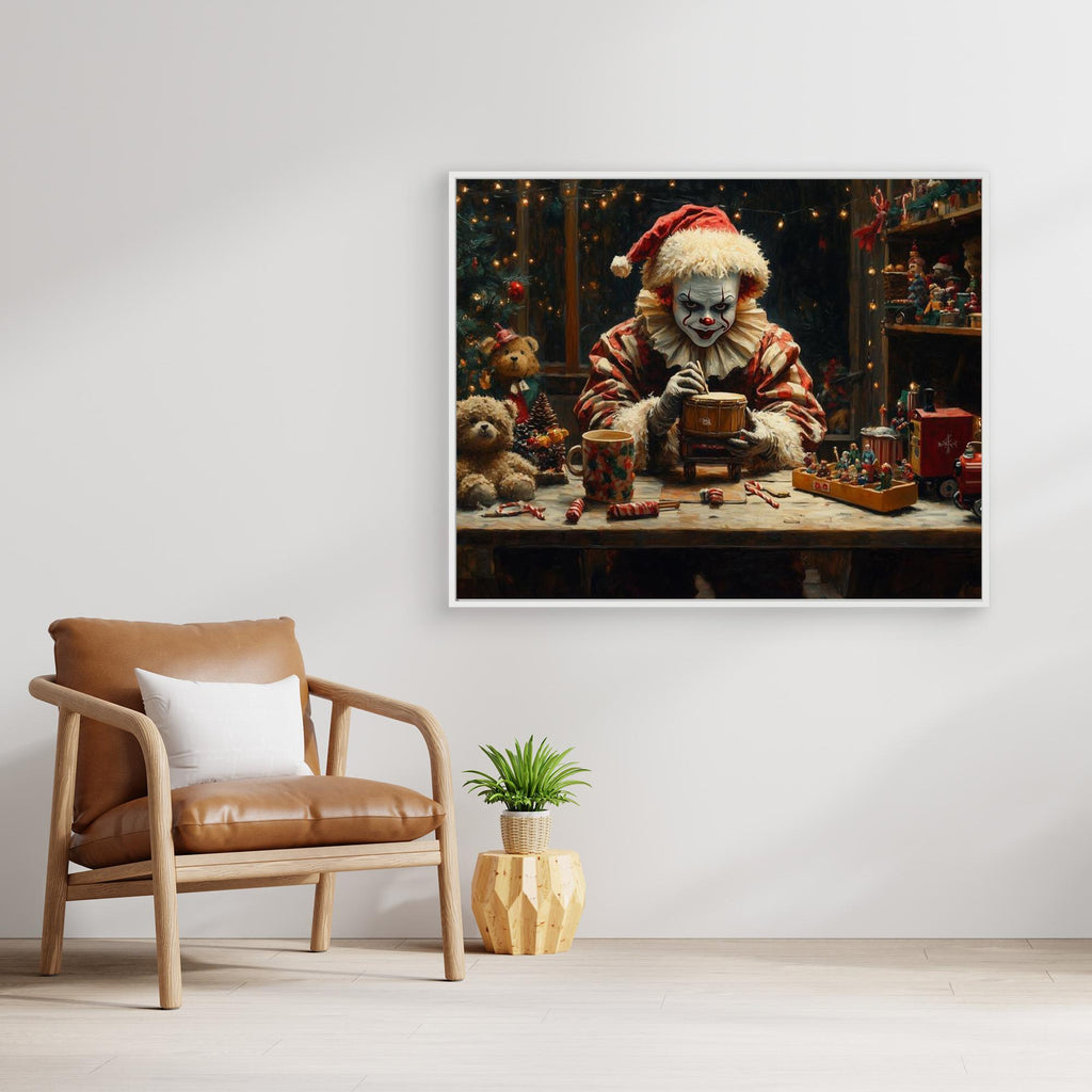Creepy Christmas Clown Toy Workshop Canvas Print - Framed Pop Art