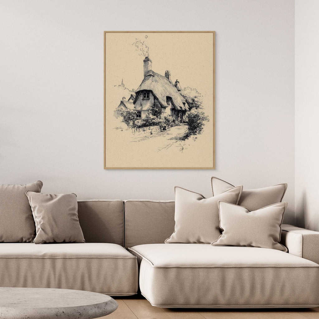 Vintage English Thatch Cottage Sketch | Framed Wall Art