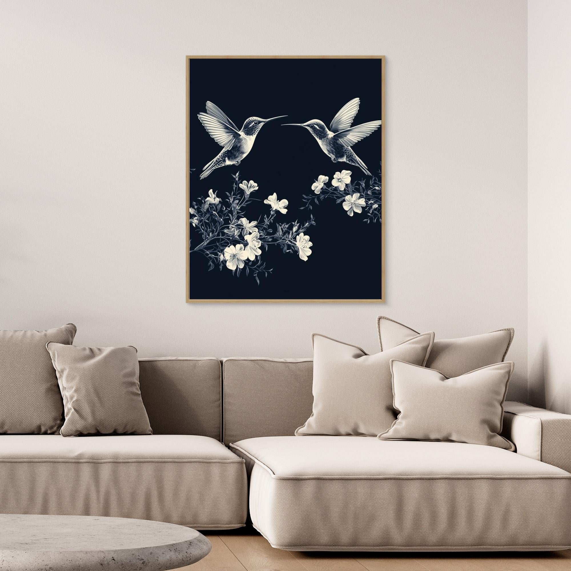 Navy Hummingbird & Floral Wall Art | Botanical Nursery Decor - Framed Pop Art