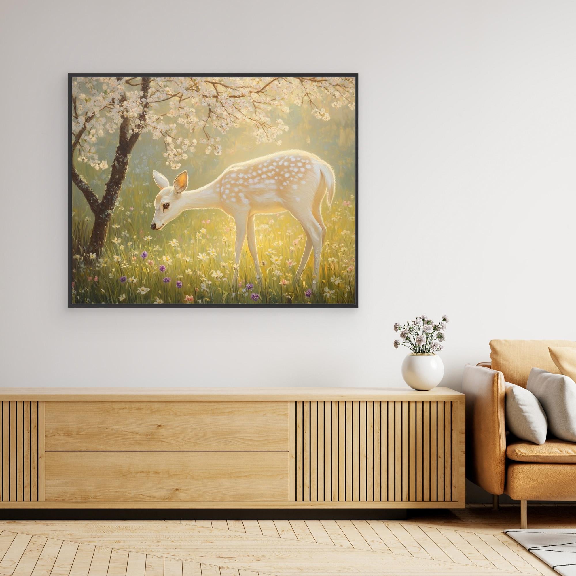 Enchanted White Fawn & Cherry Blossom Canvas Wall Art - Framed Pop Art