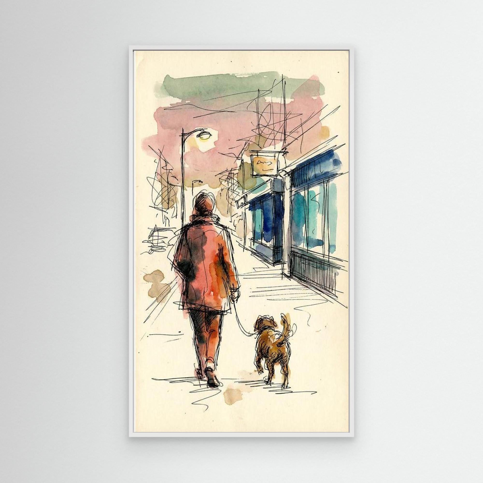 City Stroll Dog Walker Art | Framed Sketch Style Print - Framed Pop Art