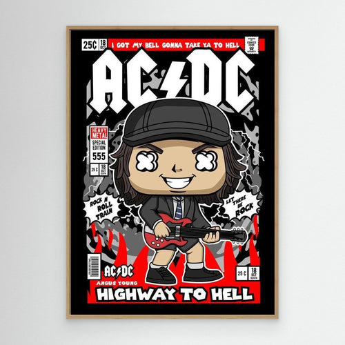 AC/DC Angus Young Comic Style Framed Canvas Art | Rock Decor - Framed Pop Art