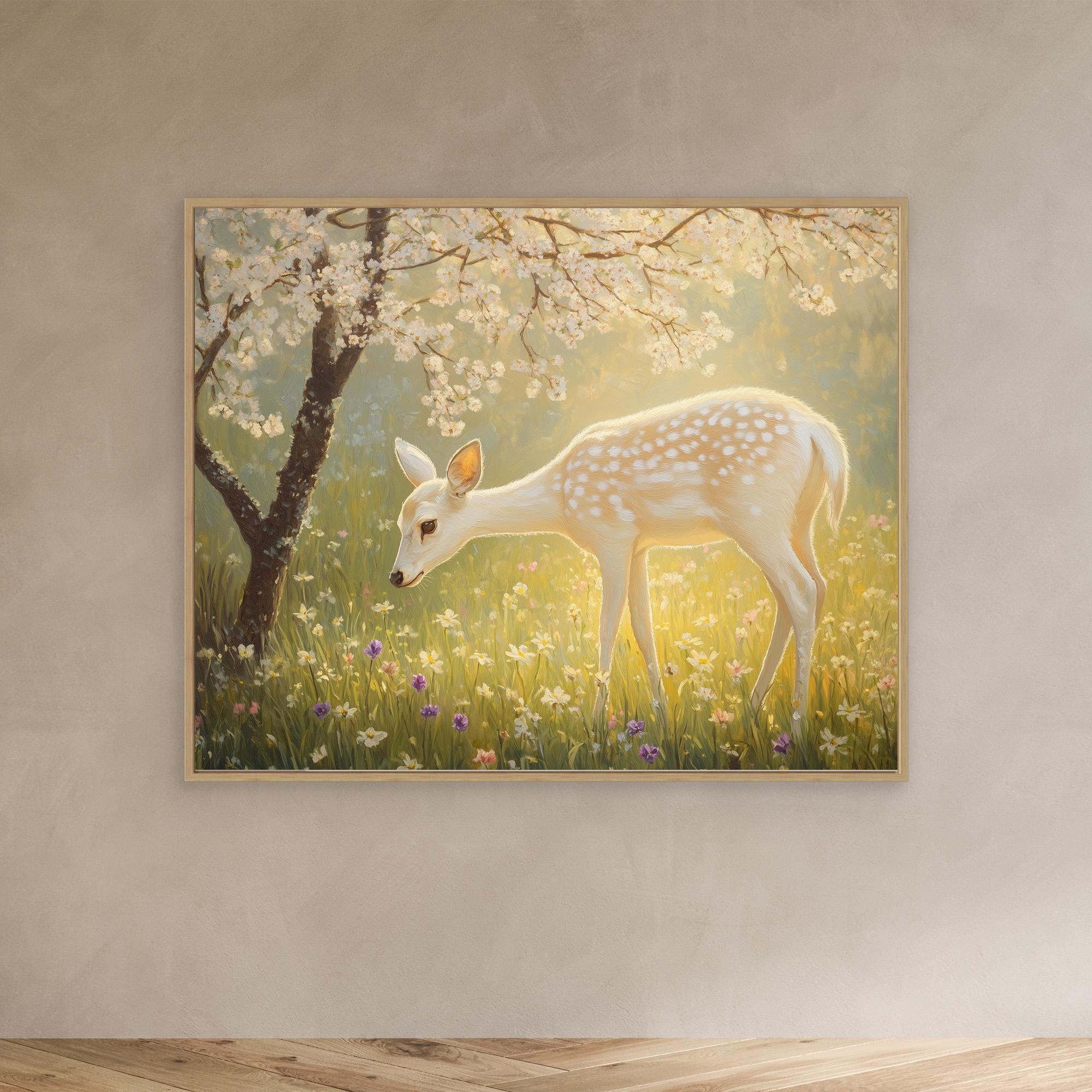 Enchanted White Fawn & Cherry Blossom Canvas Wall Art - Framed Pop Art