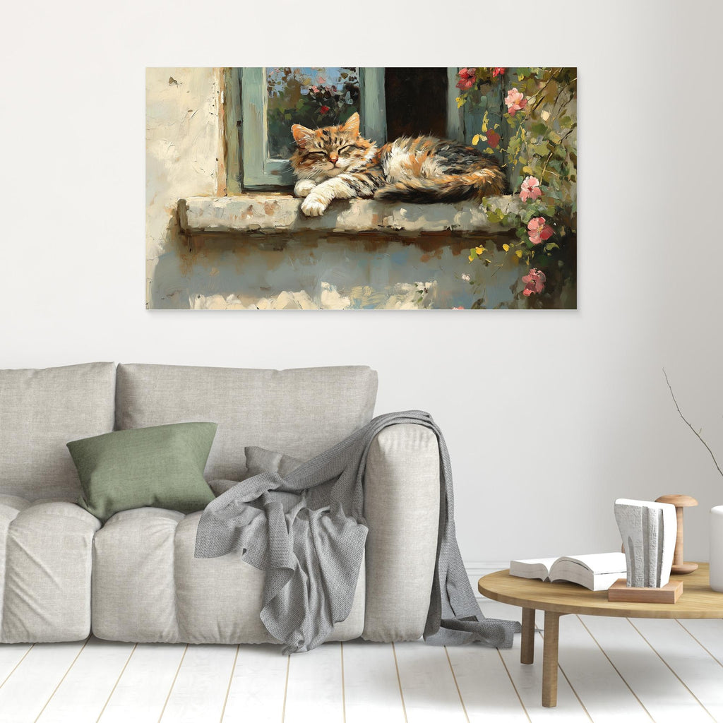 Cosy Cat Window Framed Canvas Wall Art for Lounge Decor - Framed Pop Art