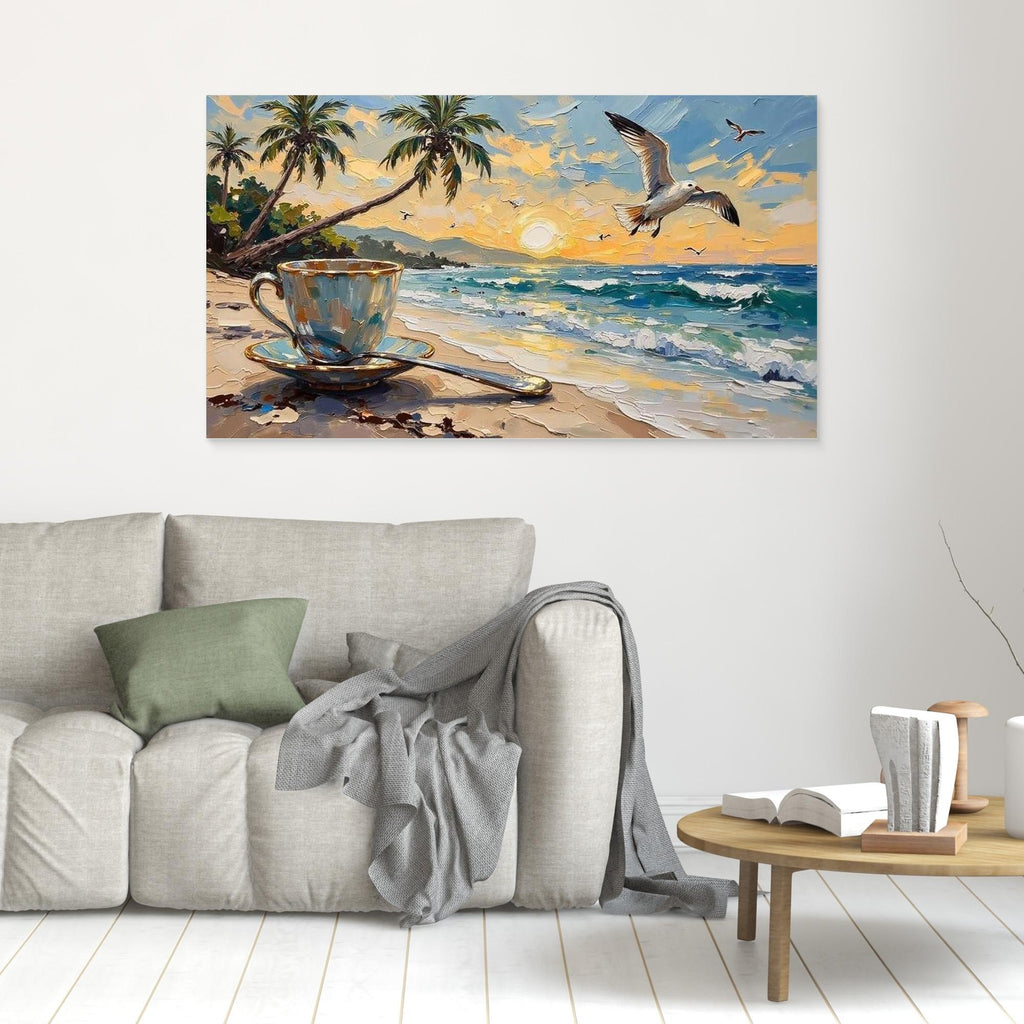 Coastal Kitchen Canvas Print – Coffee & Sunset Beach - Framed Pop Art