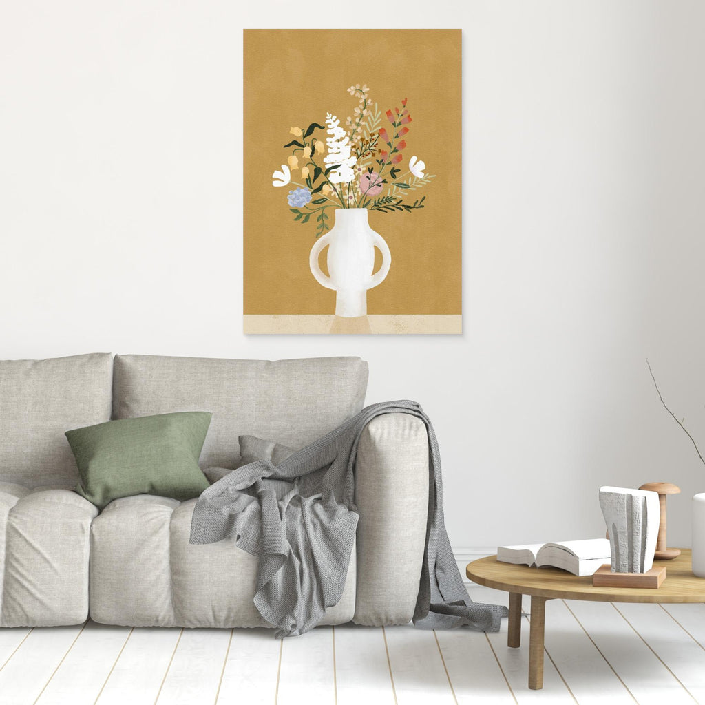 Hallway Wall Art – Mustard Yellow Floral Vase Canvas Print - Framed Pop Art