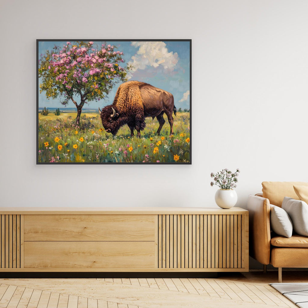 Bison in Spring Bloom Canvas Wall Art | Framed Animal Print - Framed Pop Art