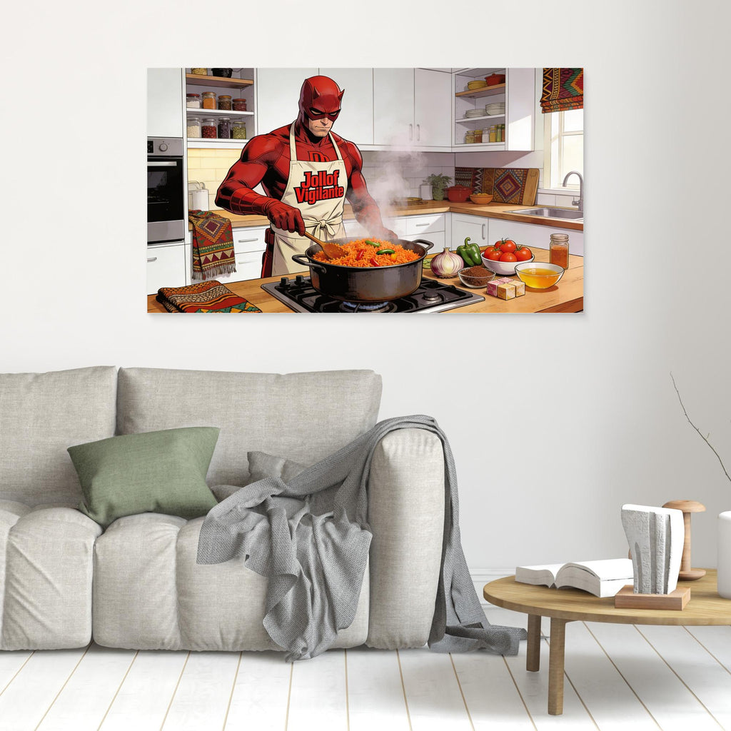 Kitchen Canvas Wall Art – Funny Jollof Vigilante Print - Framed Pop Art