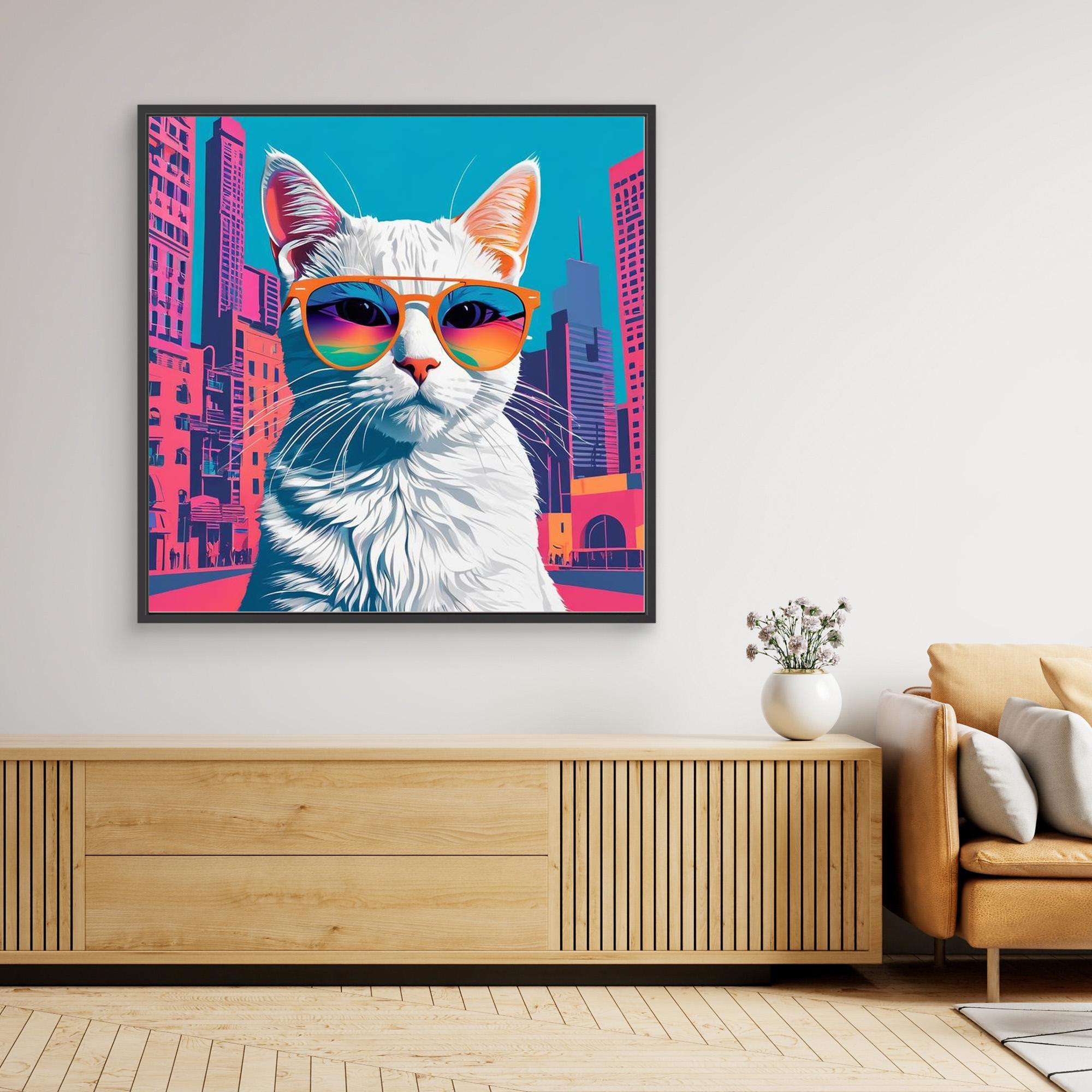 Cool White Cat in Sunglasses City Pop Art Canvas Print - Framed Pop Art