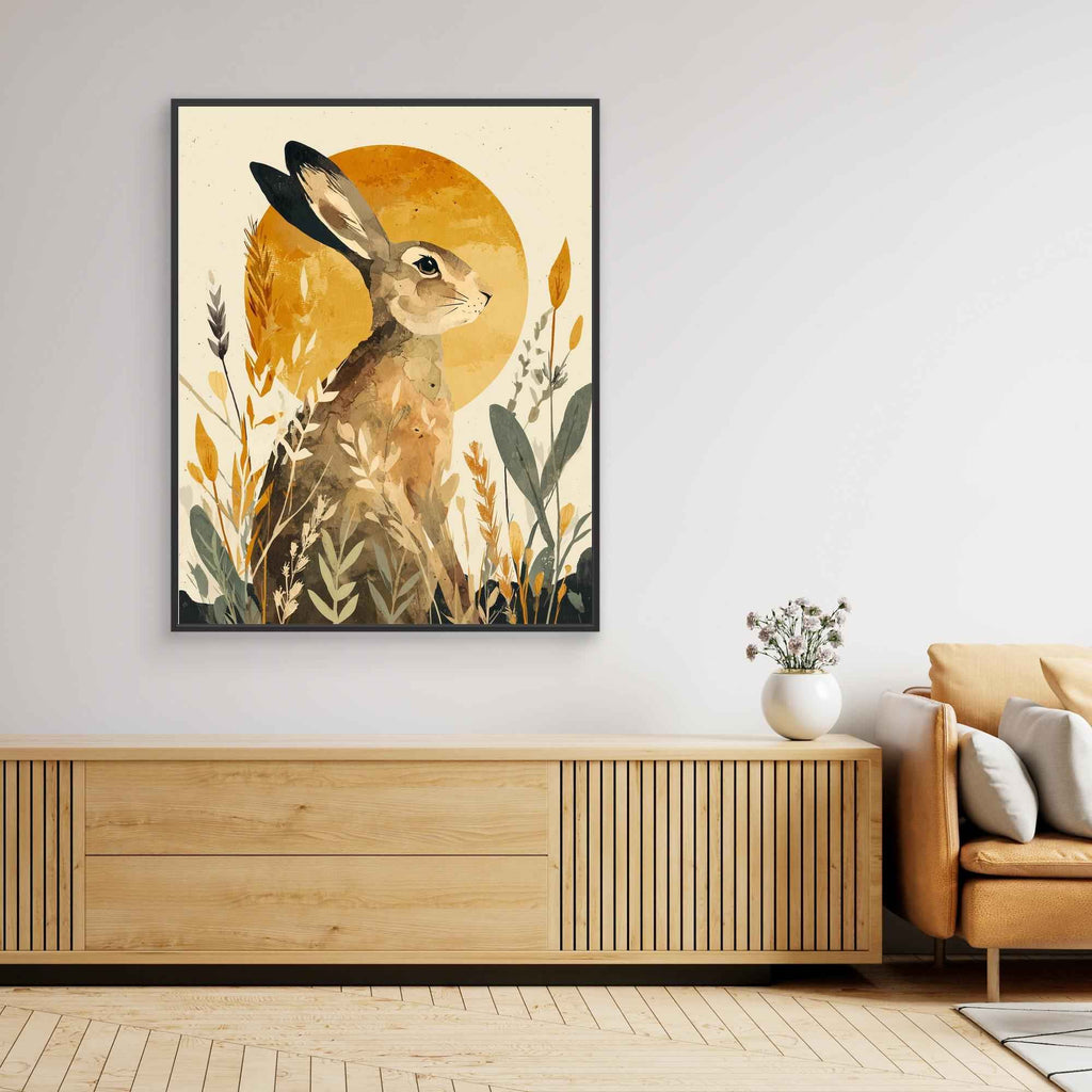 Watercolor Hare Sun Meadow Canvas Print | Nursery - Framed Pop Art