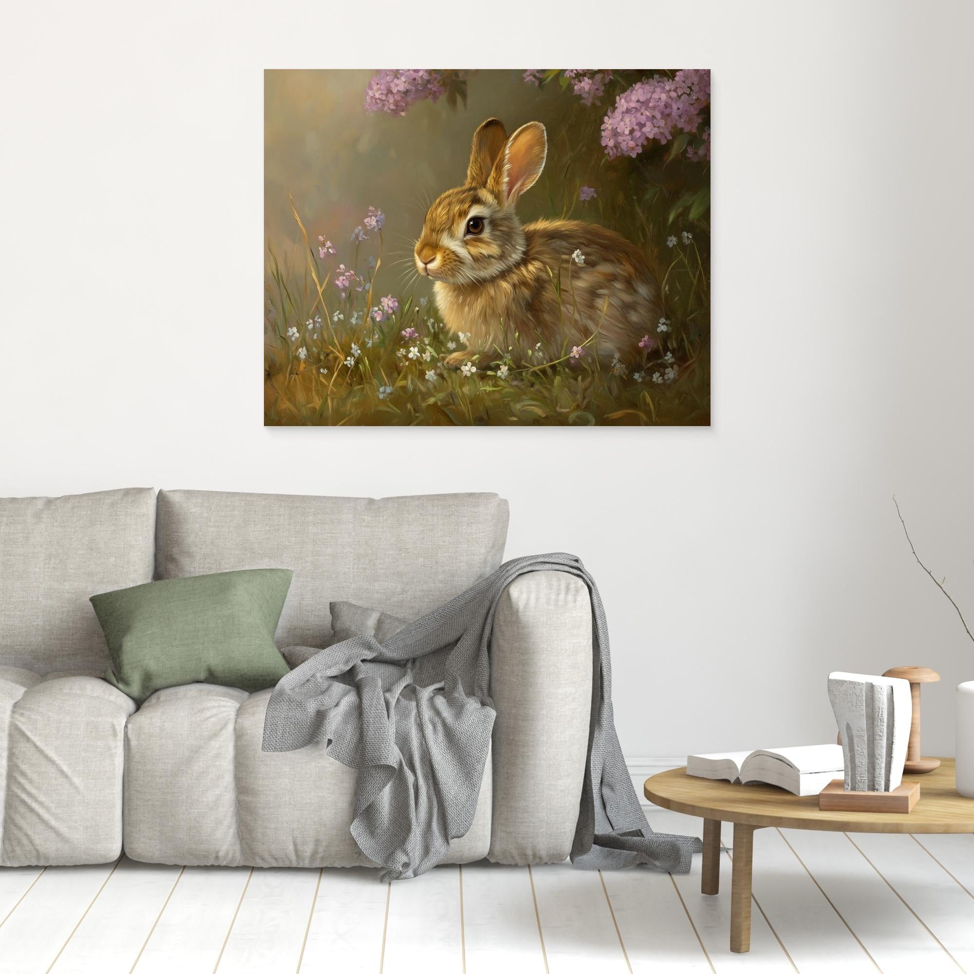 Brown Rabbit & Wildflowers Canvas Wall Art | Country Nursery - Framed Pop Art