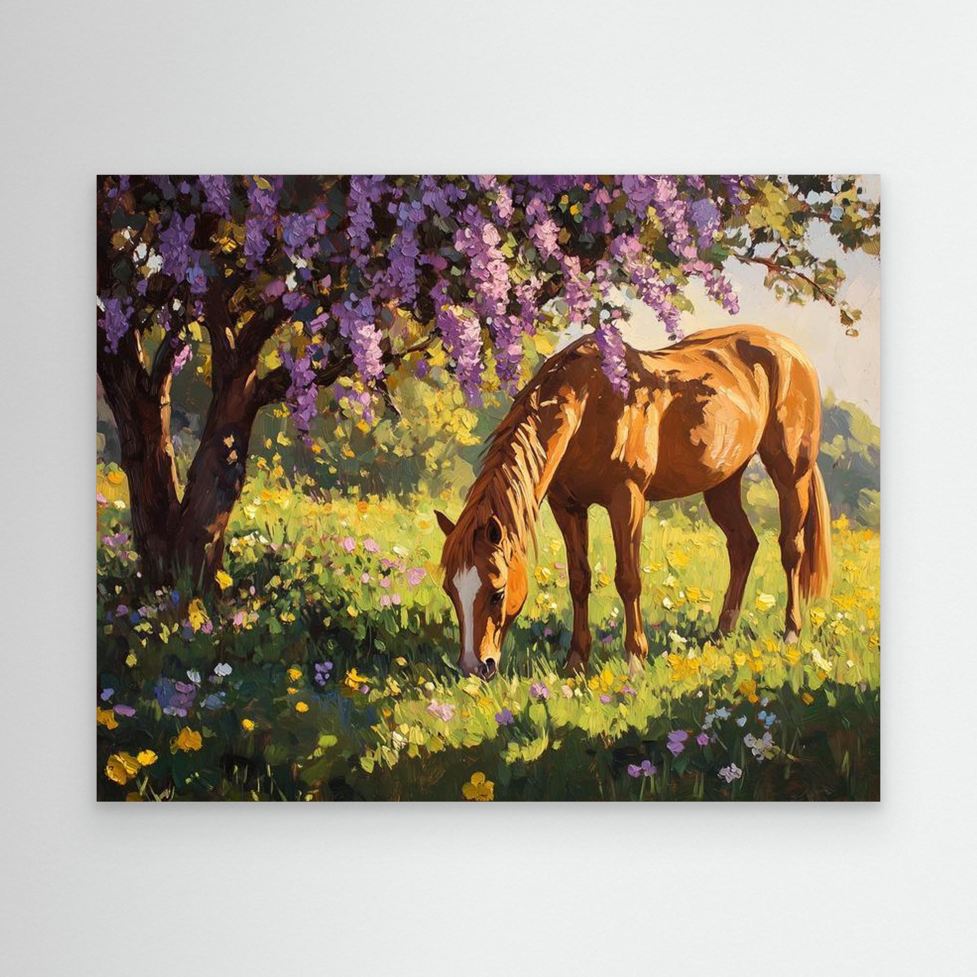 Horse Grazing Under Purple Blossom Canvas Wall Art - Framed Pop Art
