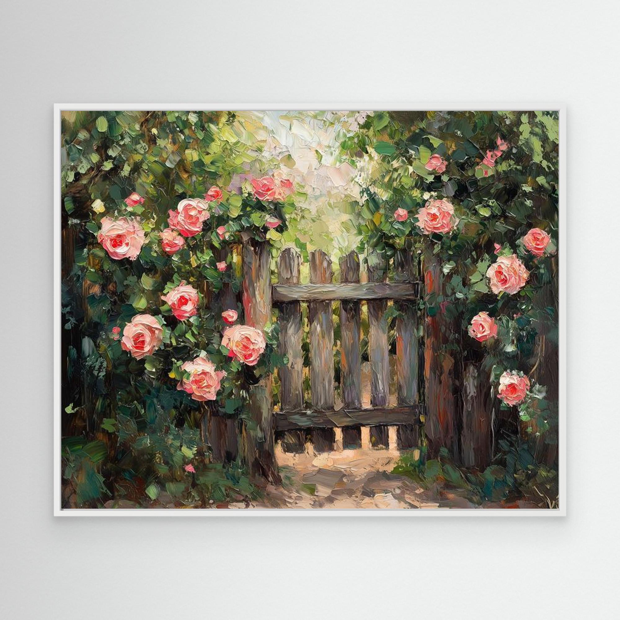Pink Rose Garden Gate Canvas Wall Art | Floral Oil Painting