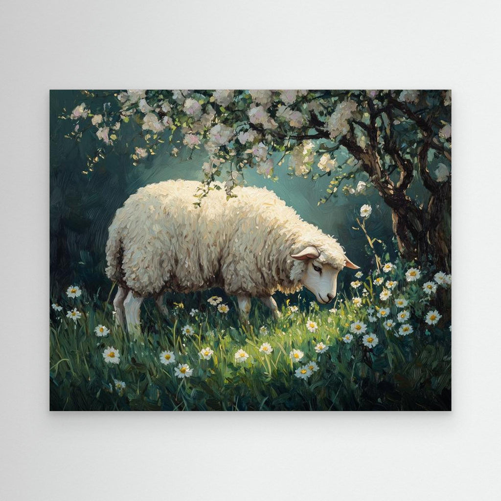 Sheep in Daisy Meadow Oil Painting Style Canvas Print - Framed Pop Art