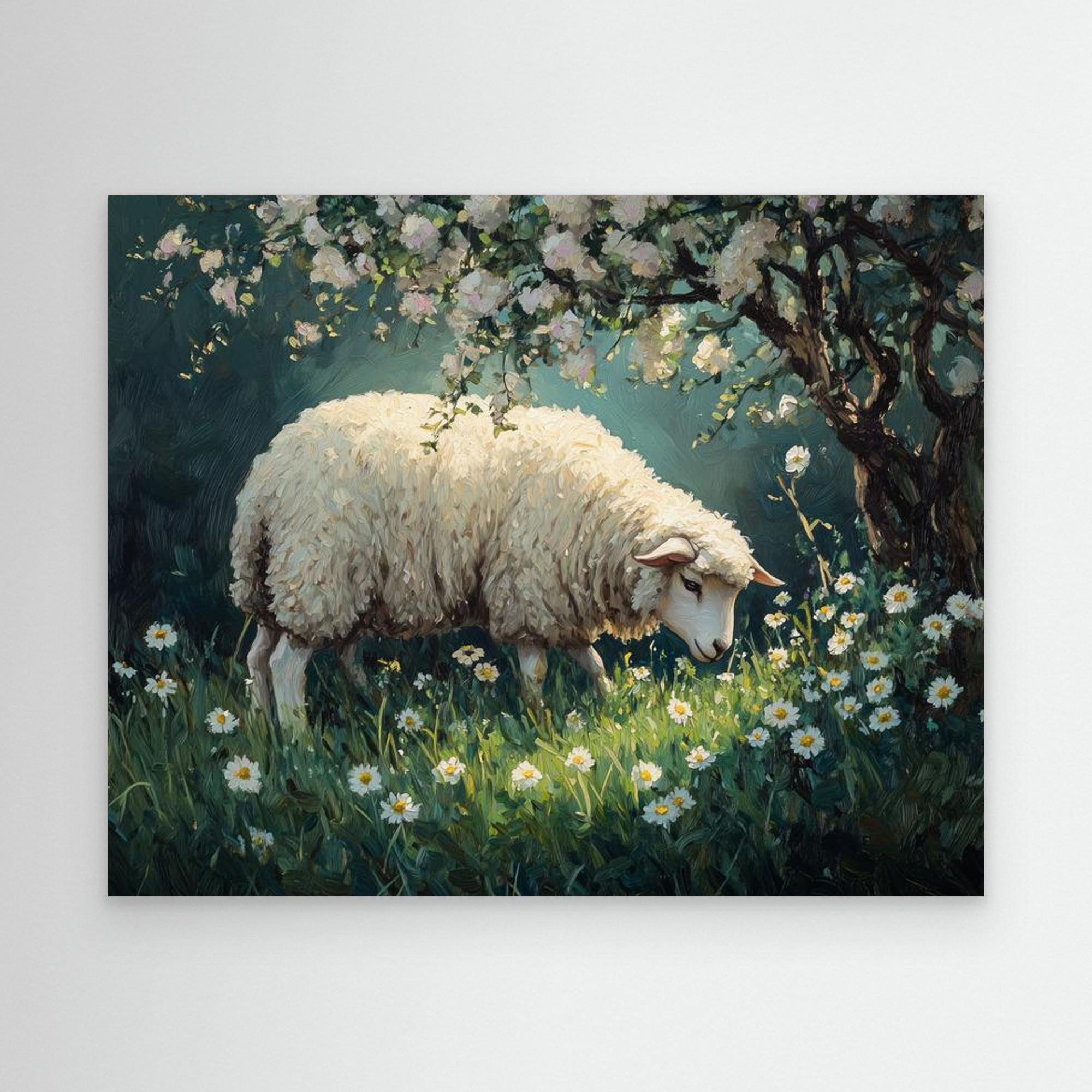 Sheep in Daisy Meadow Oil Painting Style Canvas Print - Framed Pop Art