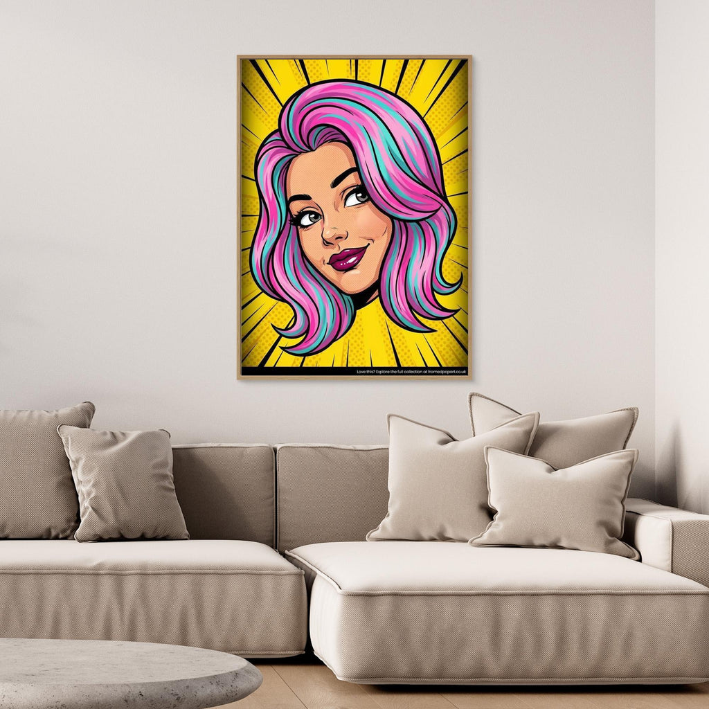 Modern Pop Art Girl Digital Print | Vibrant Bedroom Decor - Framed Pop Art