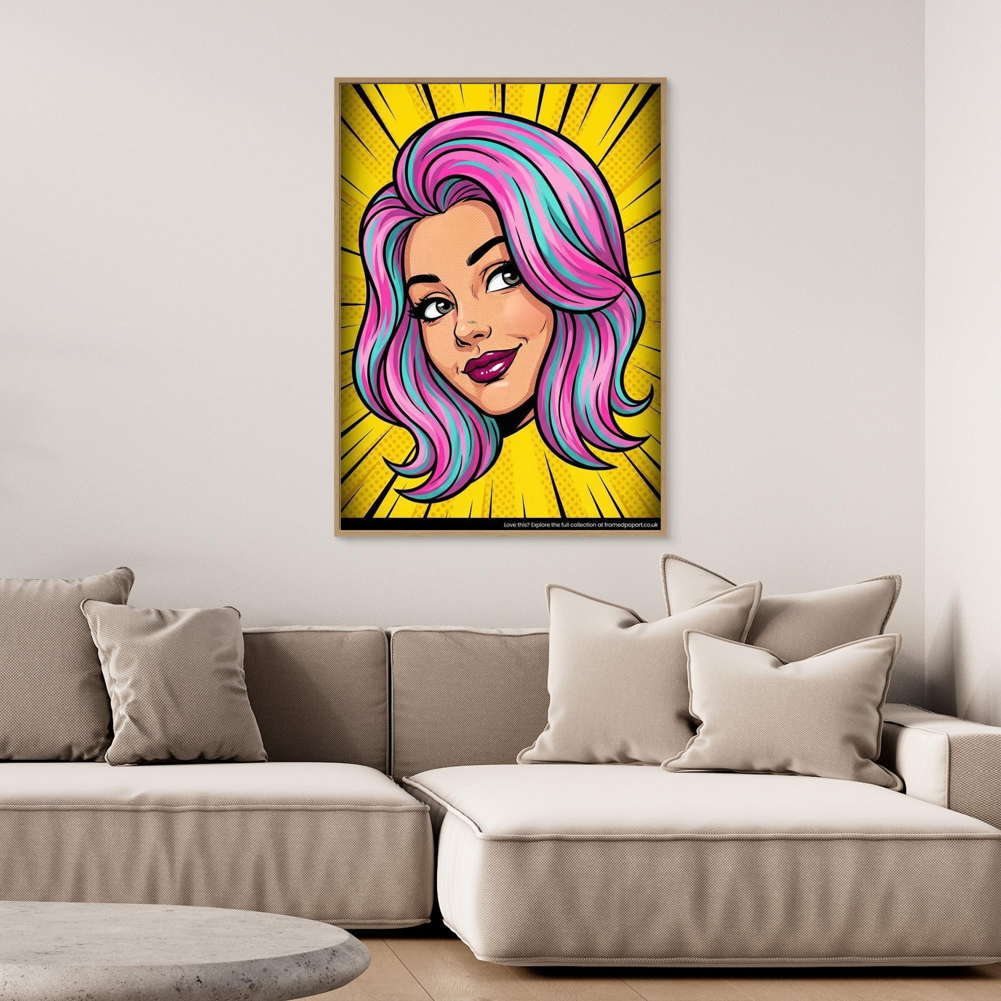 Modern Pop Art Girl Digital Print | Vibrant Bedroom Decor - Framed Pop Art