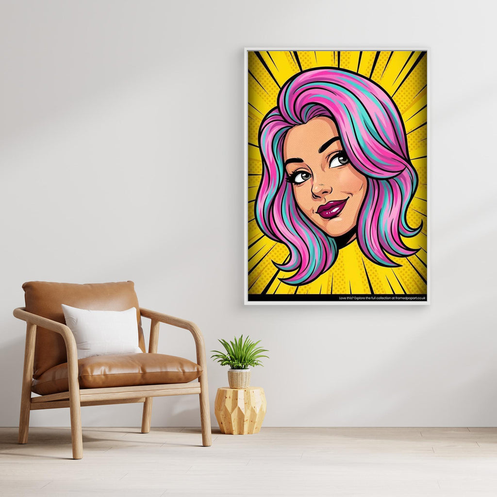 Modern Pop Art Girl Digital Print | Vibrant Bedroom Decor - Framed Pop Art
