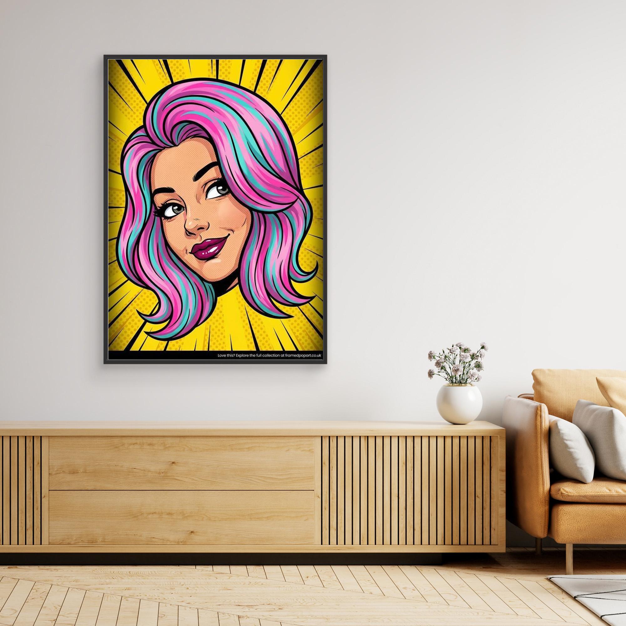 Modern Pop Art Girl Digital Print | Vibrant Bedroom Decor - Framed Pop Art