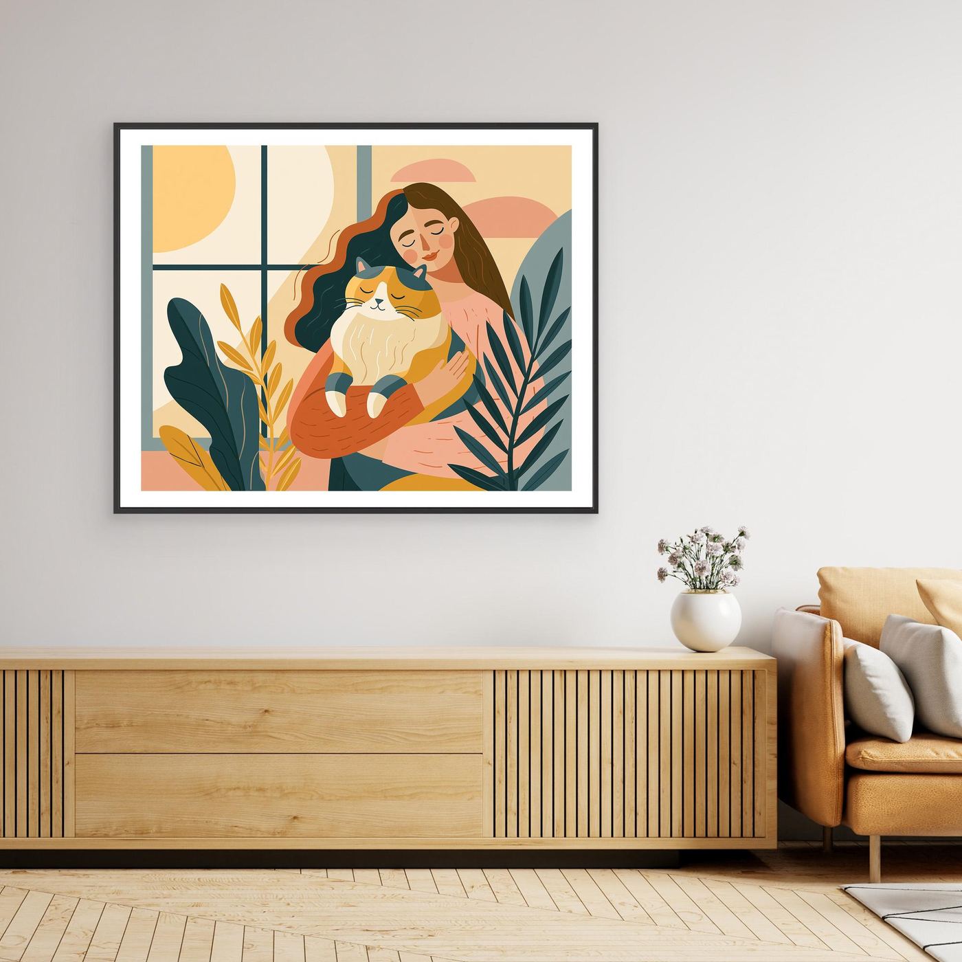 Woman & Cat Framed Pop Art | Boho Canvas Wall Art