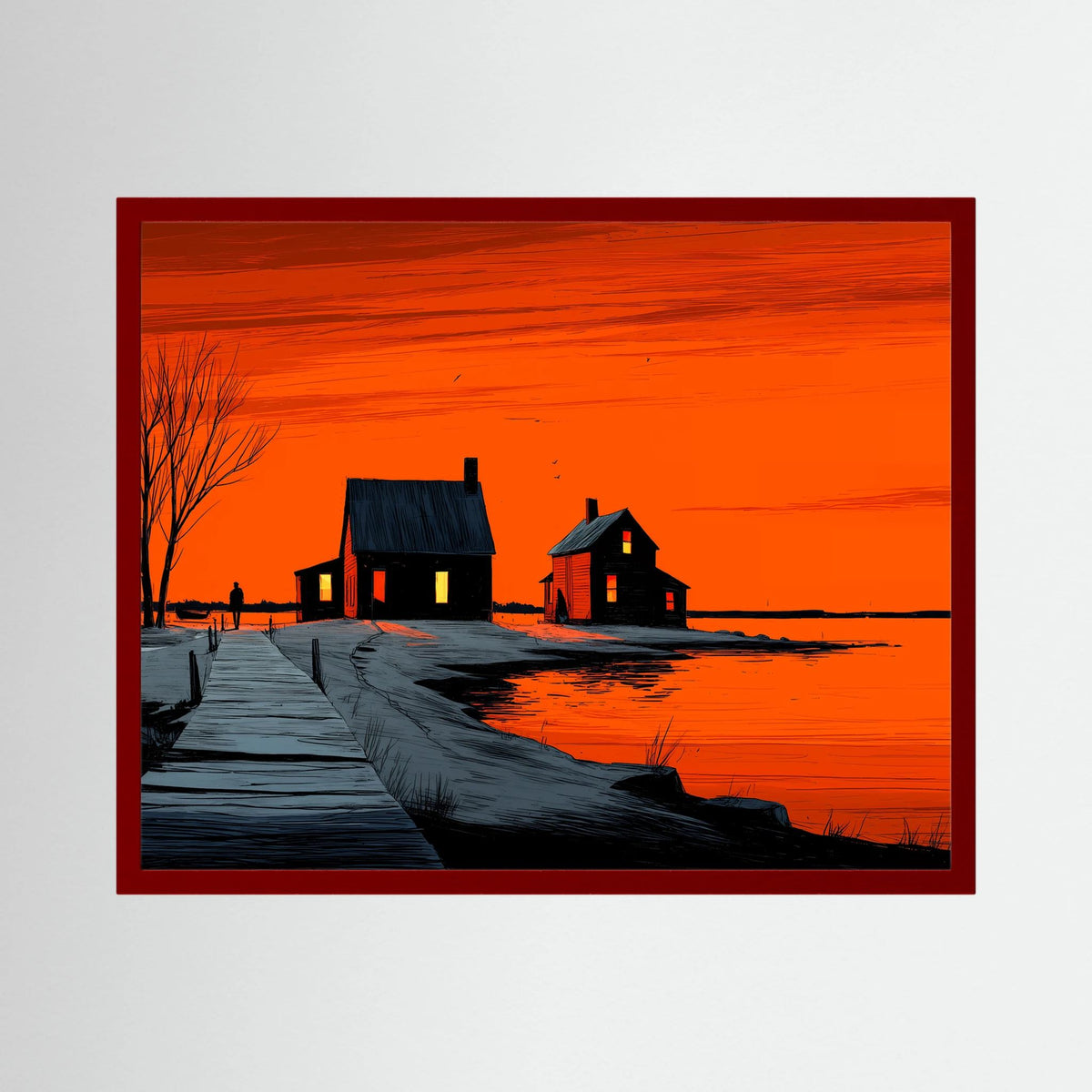 Orange Sunset Landscape Graphic Illustration Canvas Wall Art