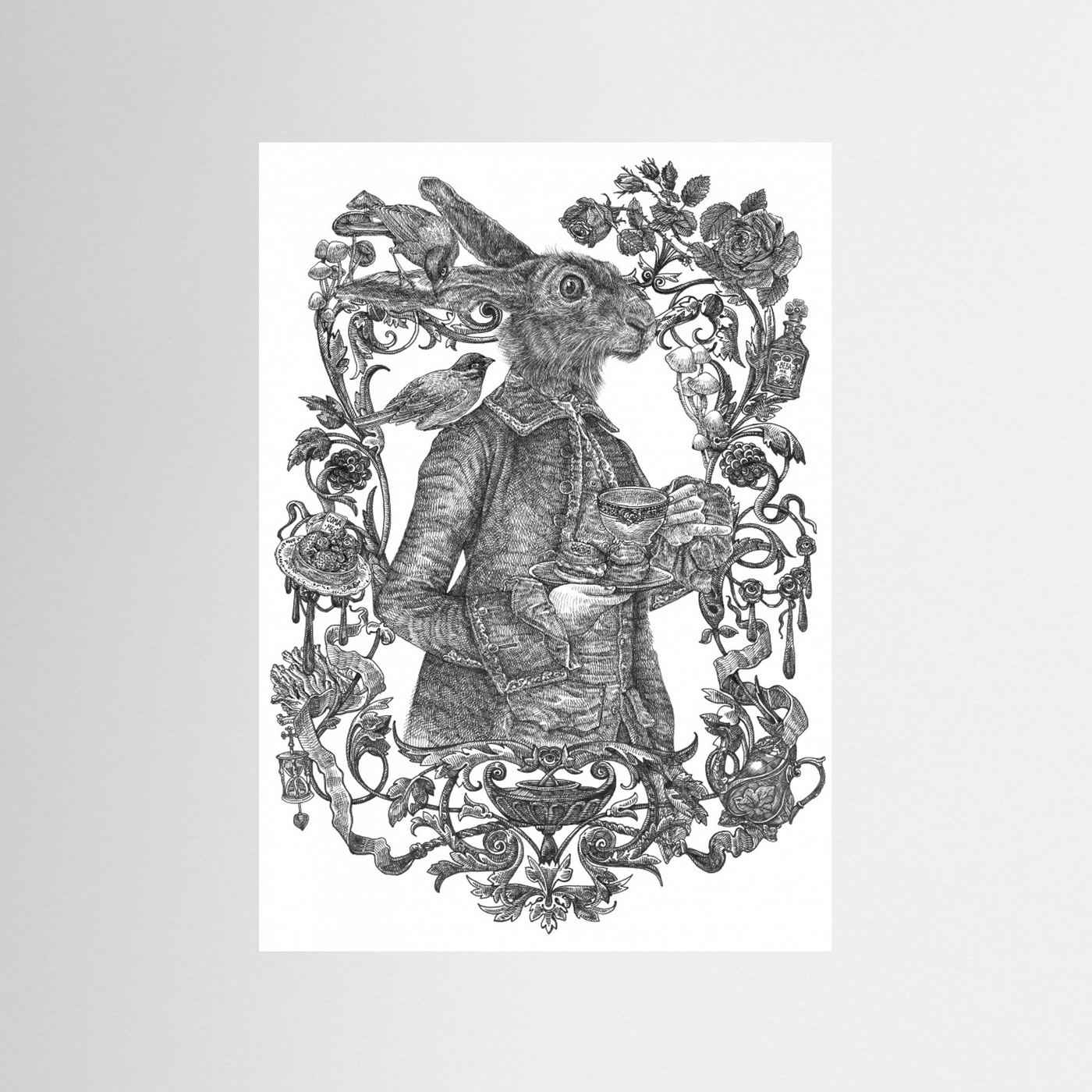 March Hare Vintage Illustration Black & White Framed Fine Art Print