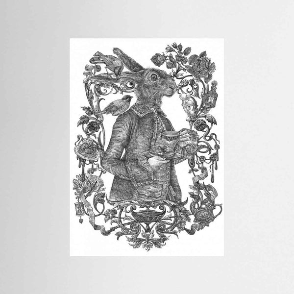 March Hare Vintage Illustration Black & White Framed Fine Art Print