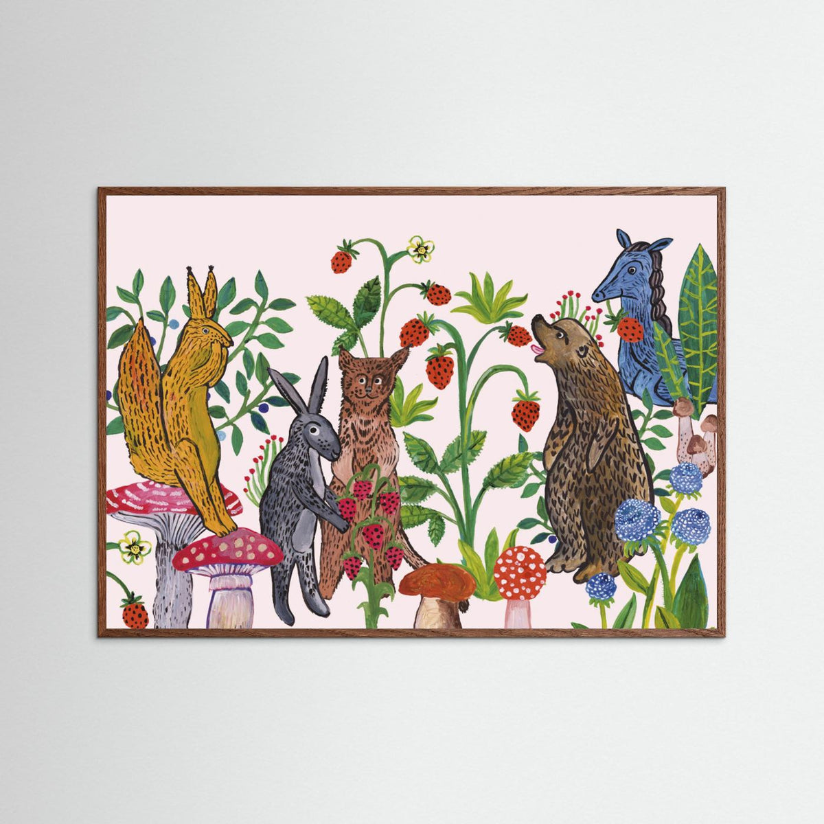 Mushroom Picking Folk Art Woodland Illustrated Framed Fine Art Print