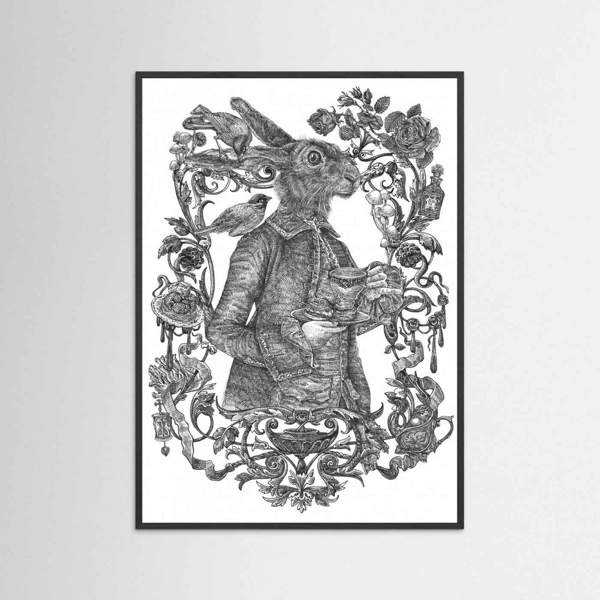 March Hare Vintage Illustration Black & White Framed Fine Art Print